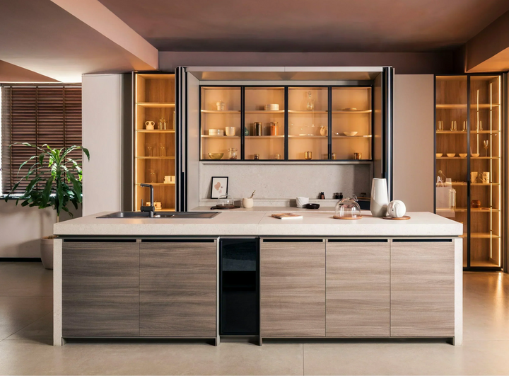 Luxury modular kitchen with illuminated glass wall cabinets and modern wooden island. Celeste Luxry Kitchen System | VITTI Living
