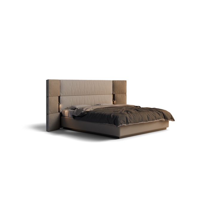 A modern platform bed with a tall, padded upholstered headboard and matching footboard, styled with dark gray bedding, shown on a plain white background.