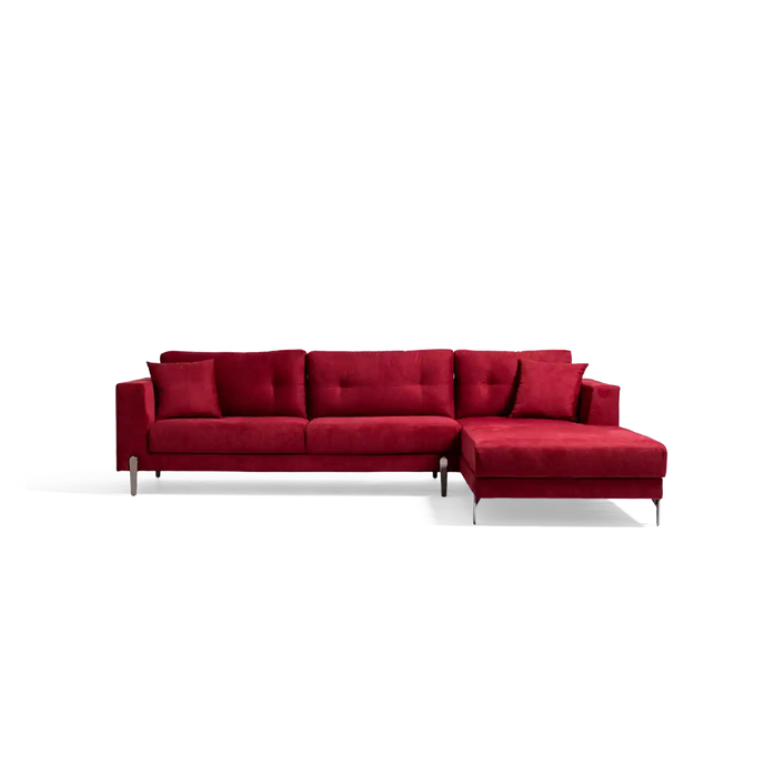 A modern red sectional sofa with a right-facing chaise lounge and slim metallic legs, shown against a plain white background.