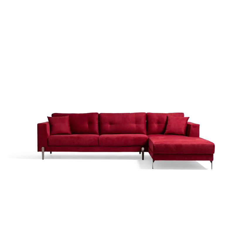 A modern red sectional sofa with a right-facing chaise lounge and slim metallic legs, shown against a plain white background.