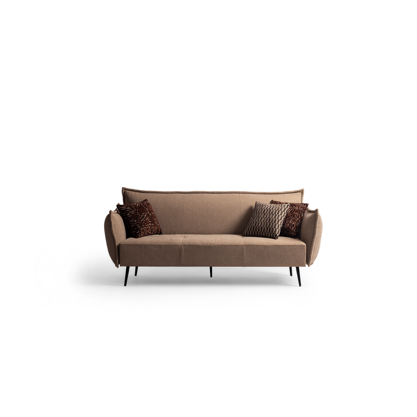 A modern three-seater sofa in a warm taupe-brown fabric, styled with three decorative throw pillows and supported by slim black metal legs, shown against a plain white background.