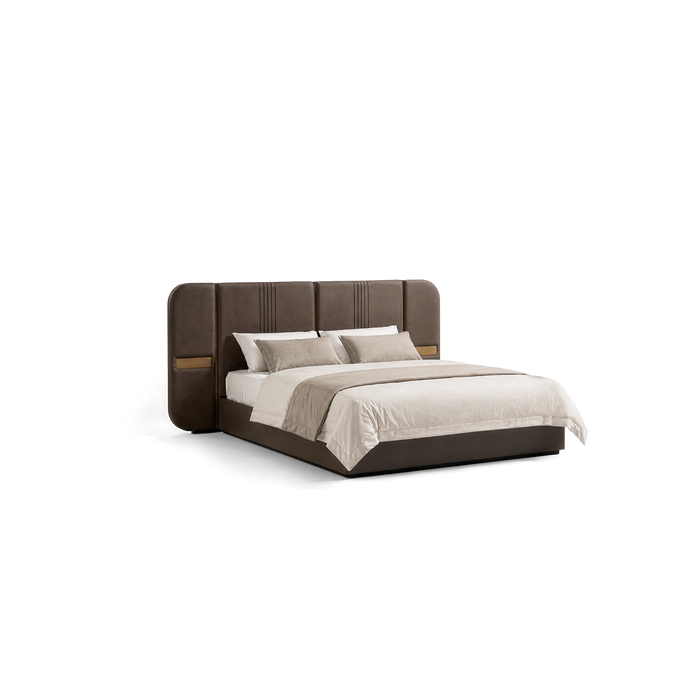 A modern platform bed with a tall, segmented upholstered headboard in dark brown, dressed with beige and white bedding, set against a plain white background.