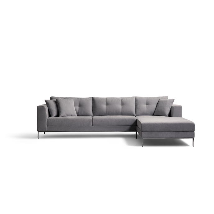 A modern gray fabric sectional sofa with a right-facing chaise lounge and slim metal legs, shown against a plain white background.