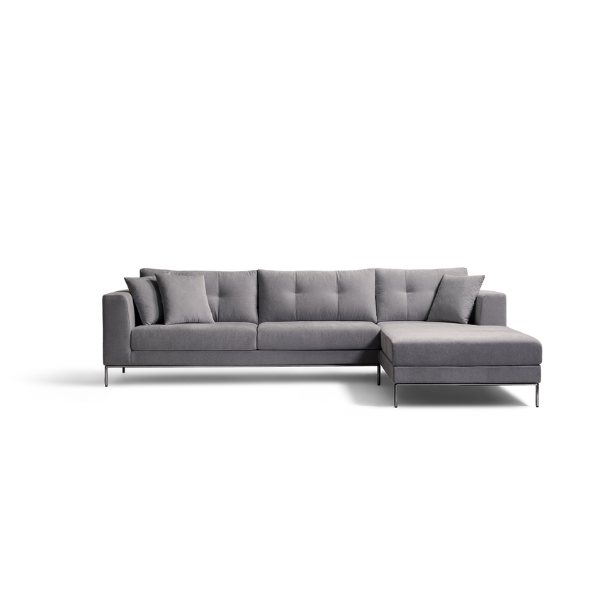 A modern gray fabric sectional sofa with a right-facing chaise lounge and slim metal legs, shown against a plain white background.