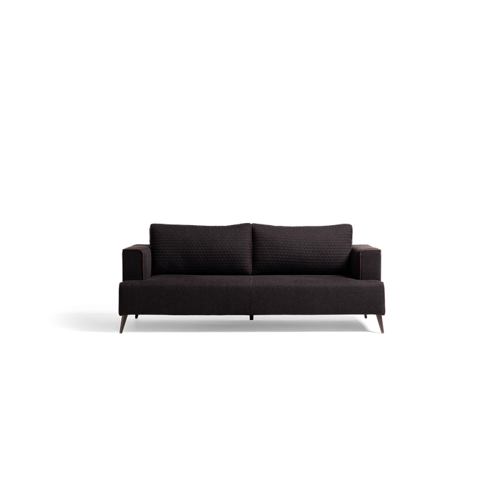 A modern three-seater sofa in dark charcoal gray textured fabric, featuring tapered dark wood legs, shown against a plain white background.