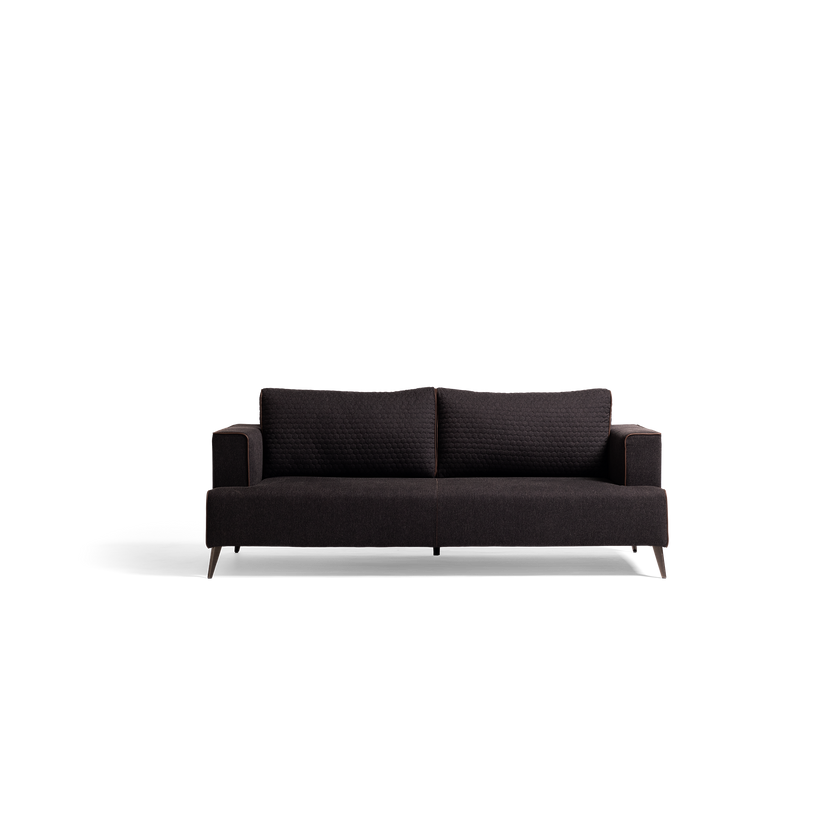 A modern three-seater sofa in dark charcoal gray textured fabric, featuring tapered dark wood legs, shown against a plain white background.