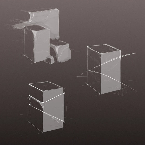Three gray 3D geometric block sketches with white construction lines on a dark brown background.