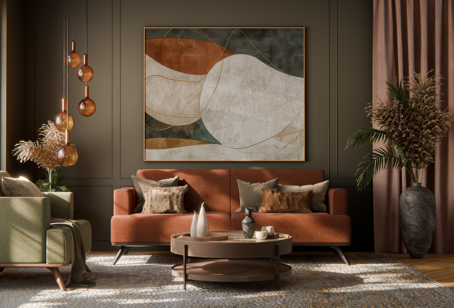 Modern living room with a brown sofa, green armchair, and abstract painting on the wall.