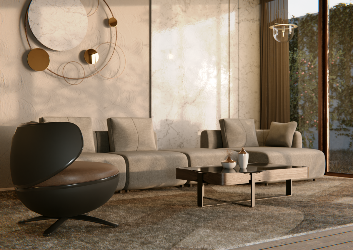Modern living room with gray sectional sofa, brown chair, and coffee table.