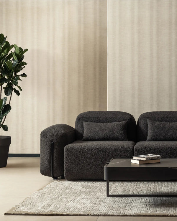 Modern black sofa in a minimalistic living room with a coffee table and plant.