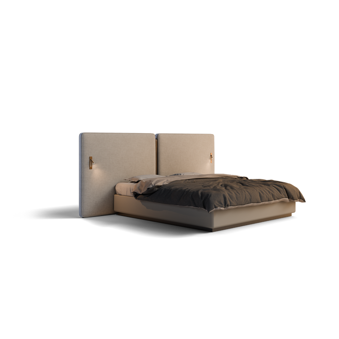 A modern platform bed with a tall, dual-panel upholstered headboard in a warm taupe-beige fabric, styled with dark brown and beige bedding, set against a plain white background.